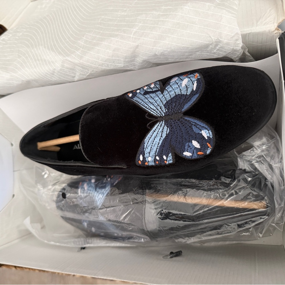 Aldo Black Velvet Loafers with Blue Butterfly